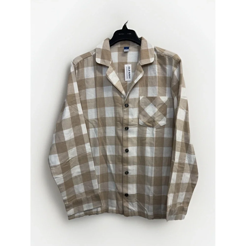 Old Navy Women's Size M Tan‎ White Buffalo Plaid Shirt Flannel Pajama Top NWT